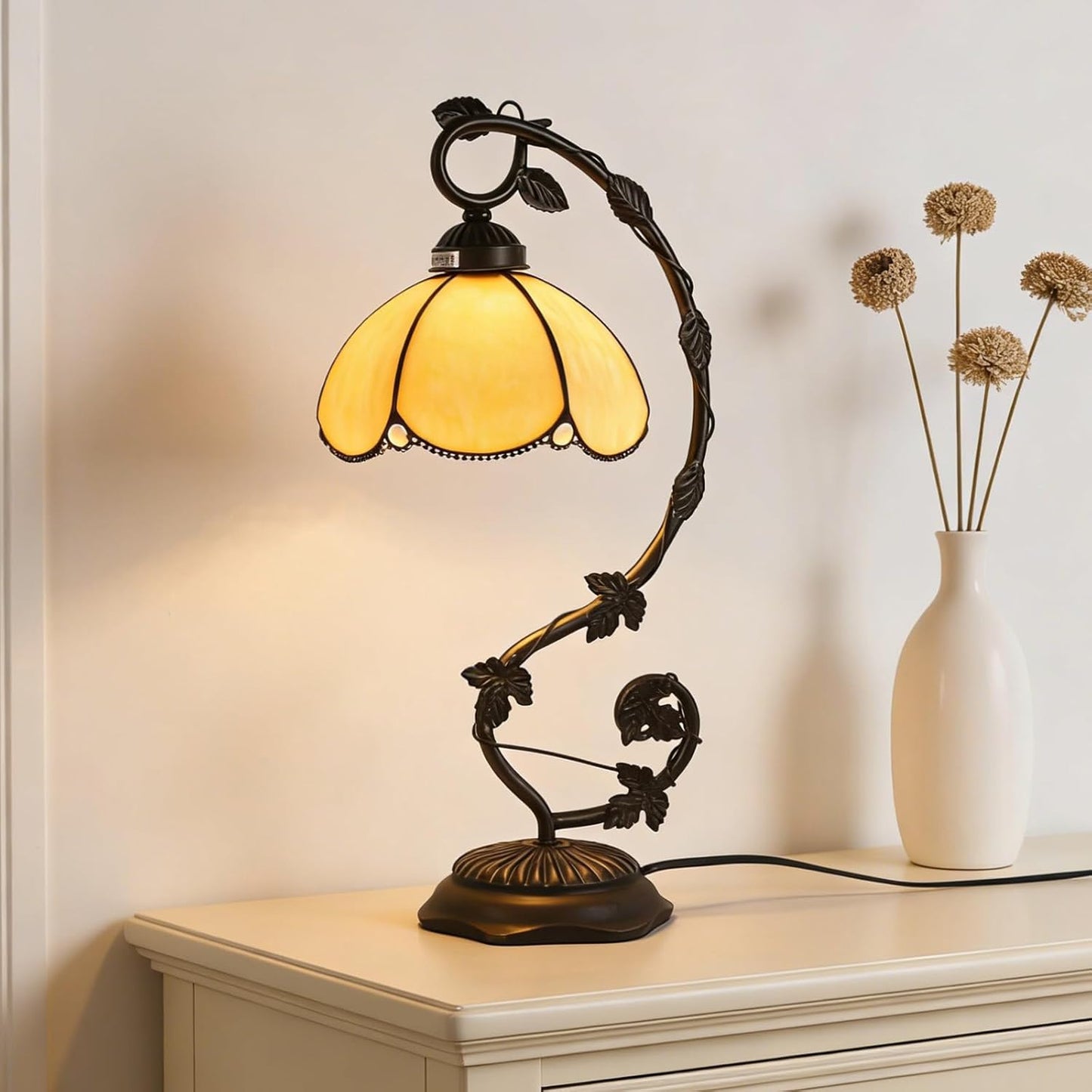 Tiffany Table Lamp, Yellow Glass Shade with Metal Vine Base, 8x10x20 Inch