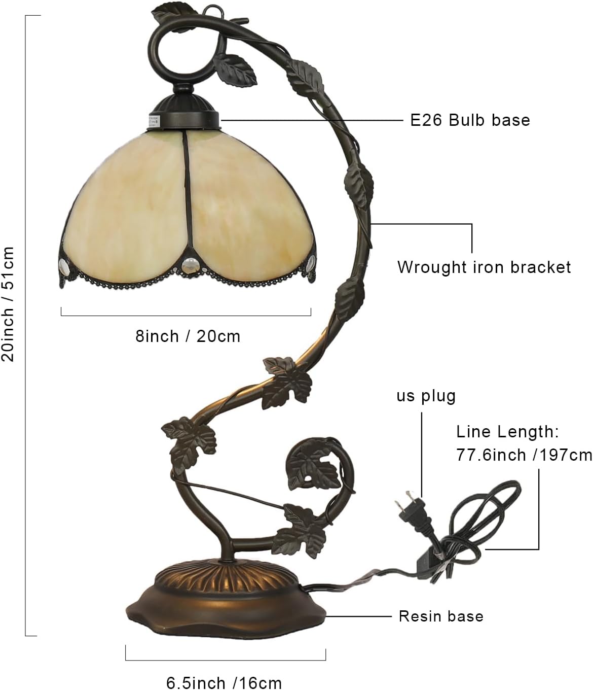 Tiffany Table Lamp, Yellow Glass Shade with Metal Vine Base, 8x10x20 Inch