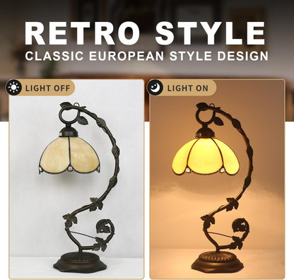 Tiffany Table Lamp, Yellow Glass Shade with Metal Vine Base, 8x10x20 Inch
