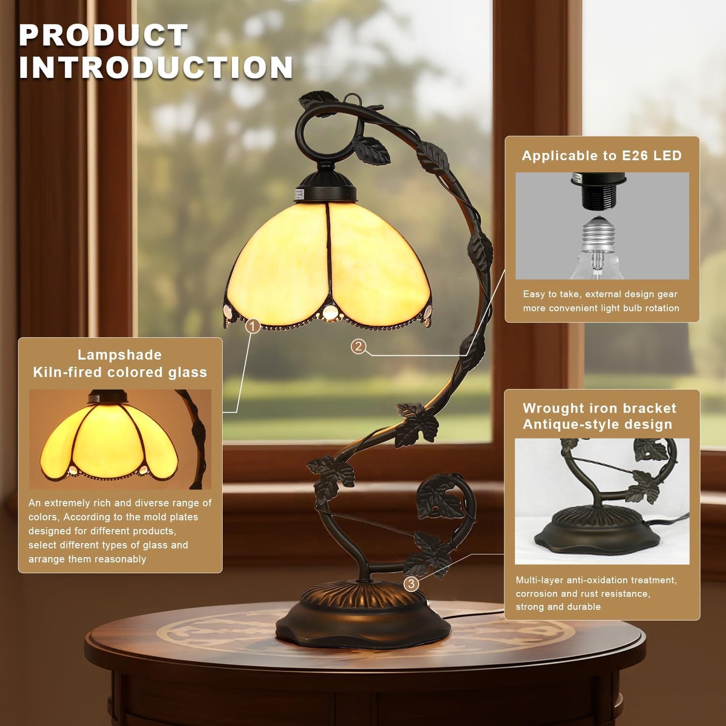 Tiffany Table Lamp, Yellow Glass Shade with Metal Vine Base, 8x10x20 Inch