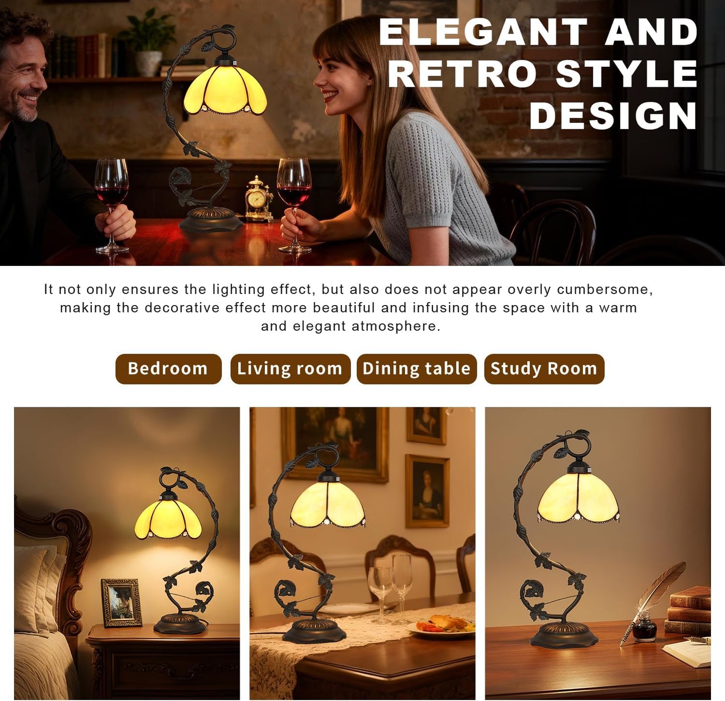 Tiffany Table Lamp, Yellow Glass Shade with Metal Vine Base, 8x10x20 Inch