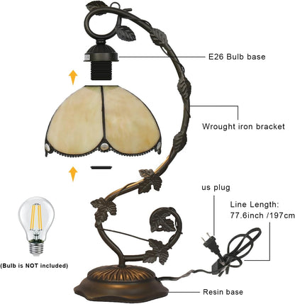 Tiffany Table Lamp, Yellow Glass Shade with Metal Vine Base, 8x10x20 Inch