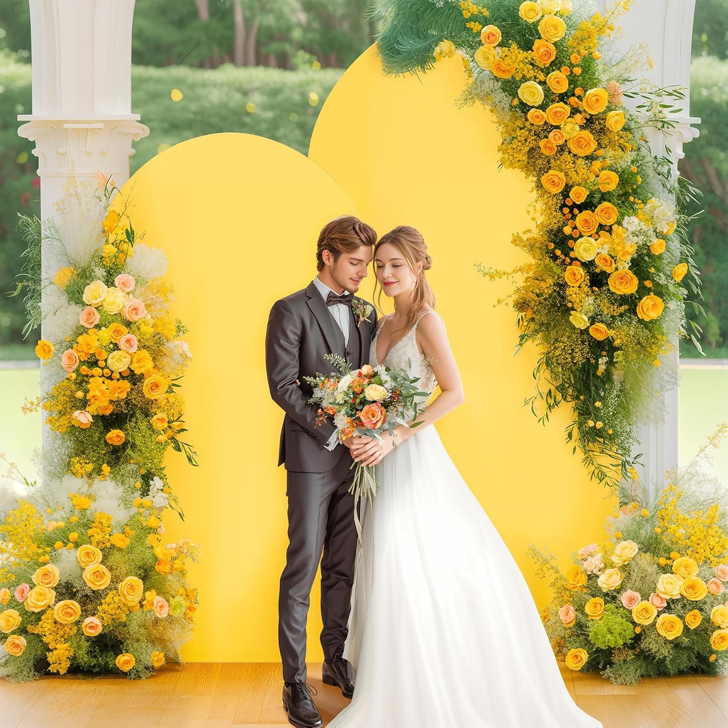 6.6FT Wedding Arch Cover Yellow Gold Spandex Fitted Wedding Arch Stand Covers Round Top Chiara Backdrop Cover for Birthday Party Ceremony Banquet Decoration