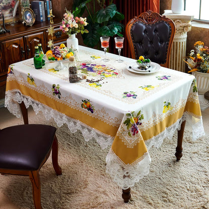Lace Embroidered Table Cloth,Rectangular Farmhouse TableCover,Classic Oblong Antique Flower Decor Macrame Tablecloth (Yellow, Rectangle/Oblong,60 x 84 Inch,6-8 Seats)