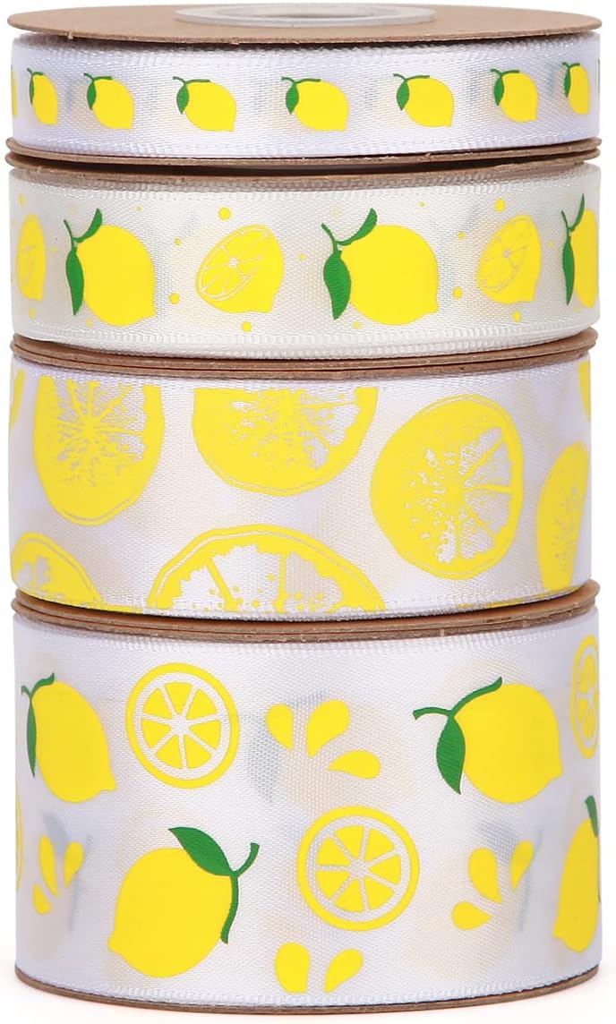 Meseey Lemon Satin Ribbon 40 Yards Yellow White Lime Green Fruit Printed Themed Decorative Ribbons for Gift Wrapping DIY Bows Bridal Shower Birthday Summer Party Decorations(Lemon)