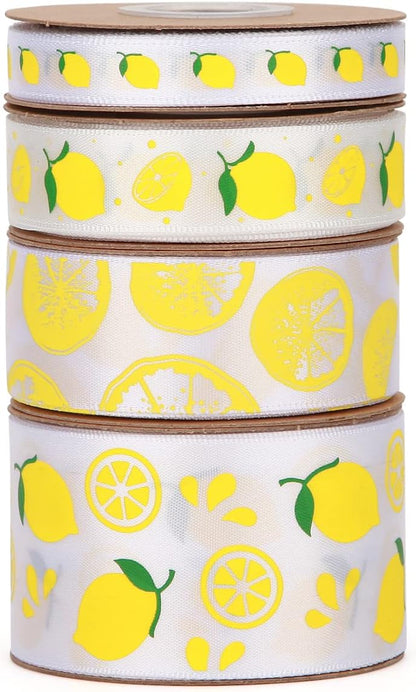 Meseey Lemon Satin Ribbon 40 Yards Yellow White Lime Green Fruit Printed Themed Decorative Ribbons for Gift Wrapping DIY Bows Bridal Shower Birthday Summer Party Decorations(Lemon)