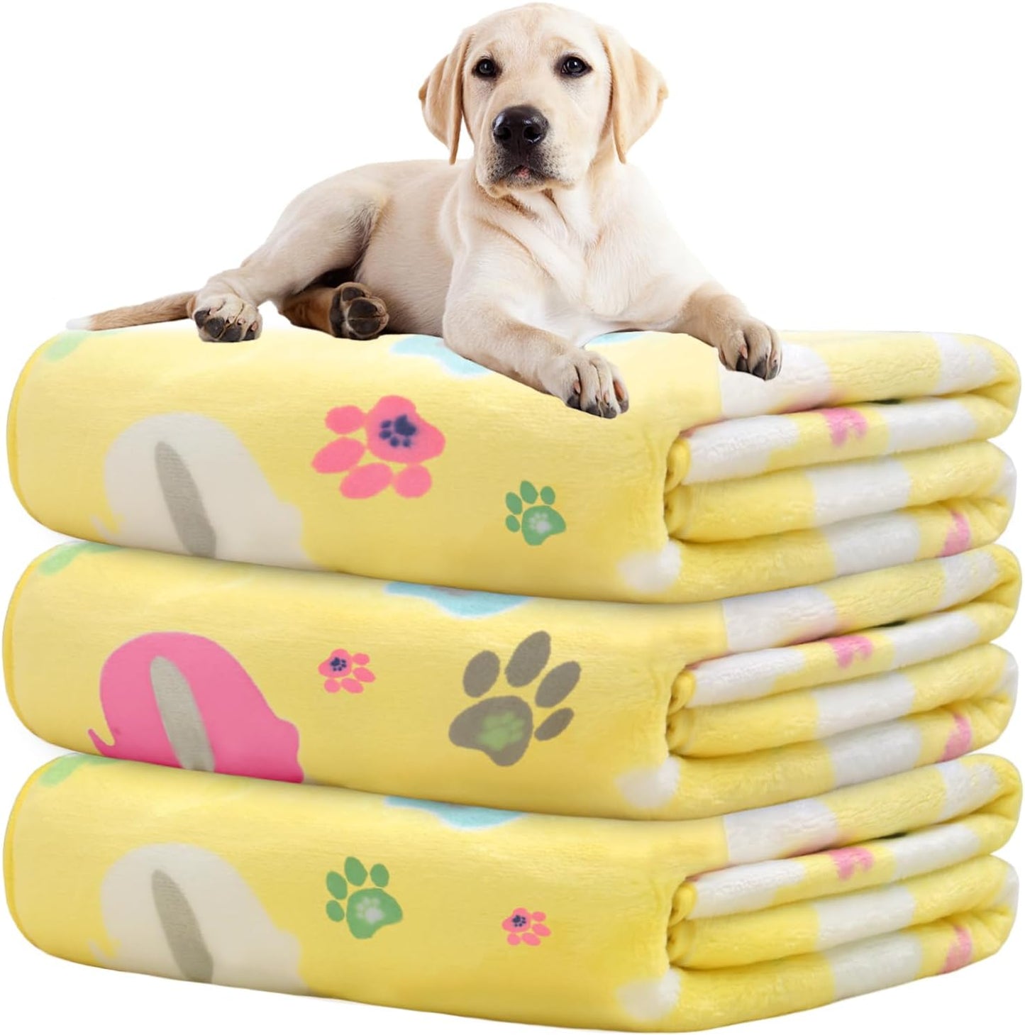 1 Pack 3 Dog Blanket for Large Dogs,41x31 inch for Medium Soft Fluffy Washable Pet Cat Blankets,Reversible Elephant & Paw Print for Dog Kennels & Beds, Sofas,Yellow