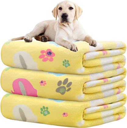 1 Pack 3 Dog Blanket for Large Dogs,41x31 inch for Medium Soft Fluffy Washable Pet Cat Blankets,Reversible Elephant & Paw Print for Dog Kennels & Beds, Sofas,Yellow