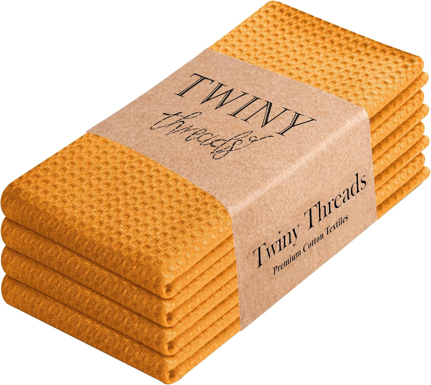 Kitchen Towels Set of 4, 100% Soft Cotton Waffle Weave Dish Towels with Hanging Loop, Reusable for Table Cleaning, Dinning, Parties - 16"x26" - Mustard Yellow