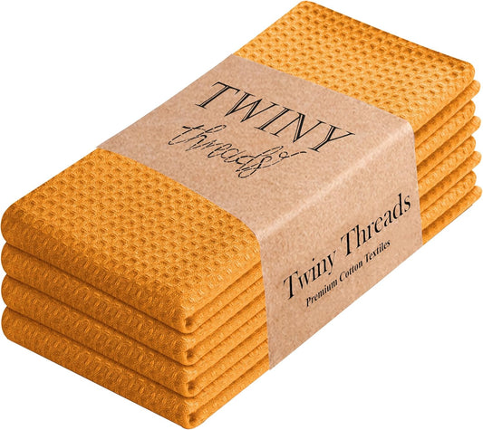 Kitchen Towels Set of 4, 100% Soft Cotton Waffle Weave Dish Towels with Hanging Loop, Reusable for Table Cleaning, Dinning, Parties - 16"x26" - Mustard Yellow