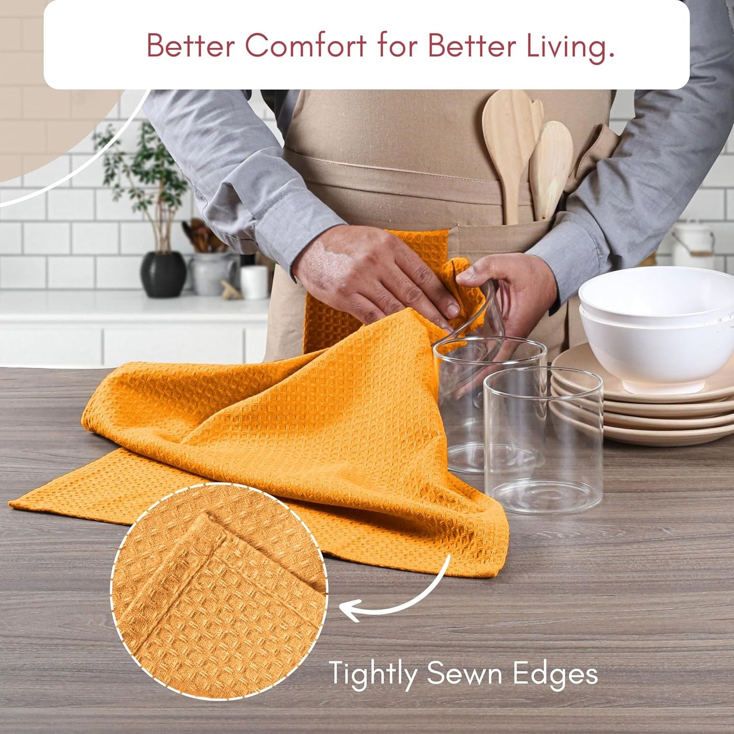 Kitchen Towels Set of 4, 100% Soft Cotton Waffle Weave Dish Towels with Hanging Loop, Reusable for Table Cleaning, Dinning, Parties - 16"x26" - Mustard Yellow