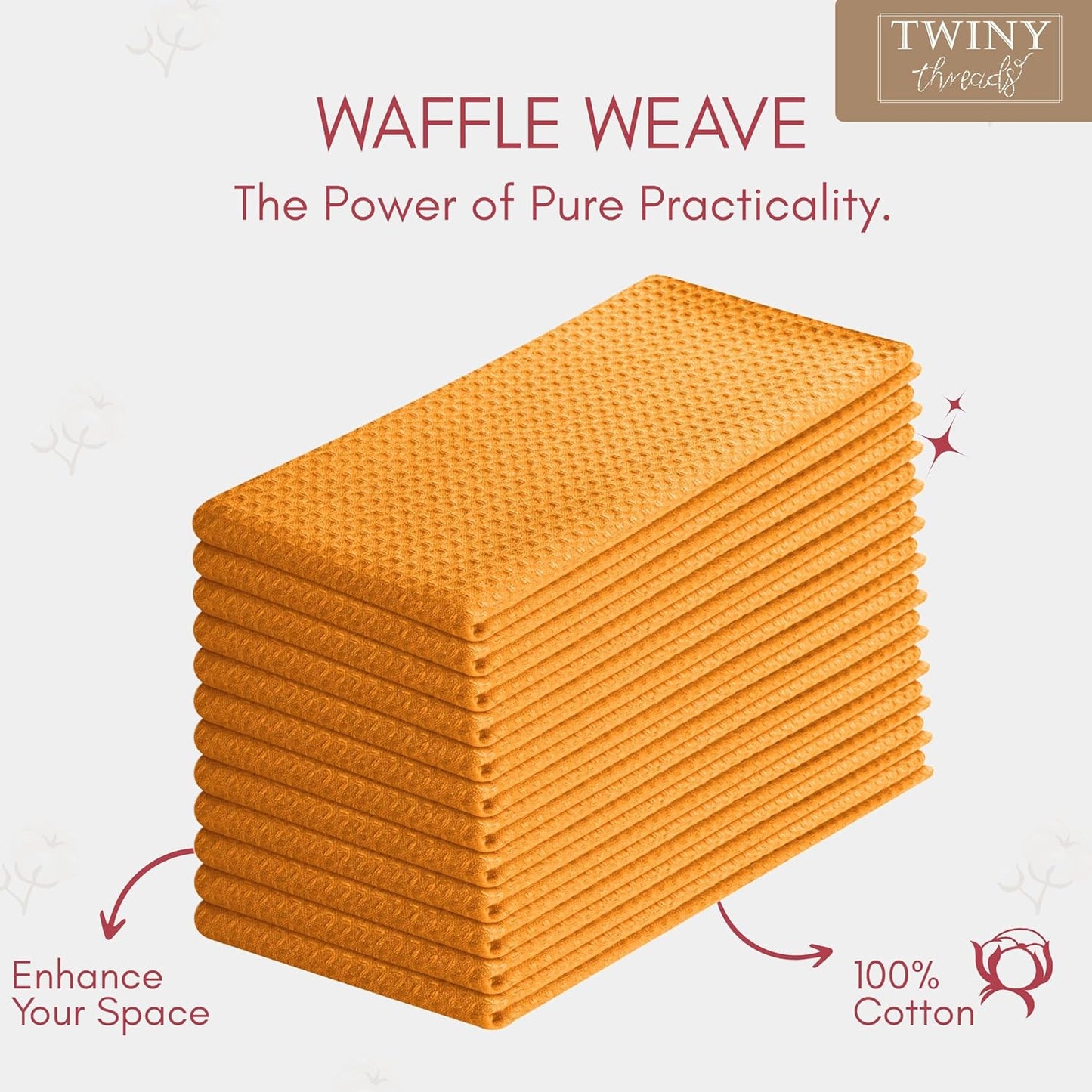 Kitchen Towels Set of 4, 100% Soft Cotton Waffle Weave Dish Towels with Hanging Loop, Reusable for Table Cleaning, Dinning, Parties - 16"x26" - Mustard Yellow