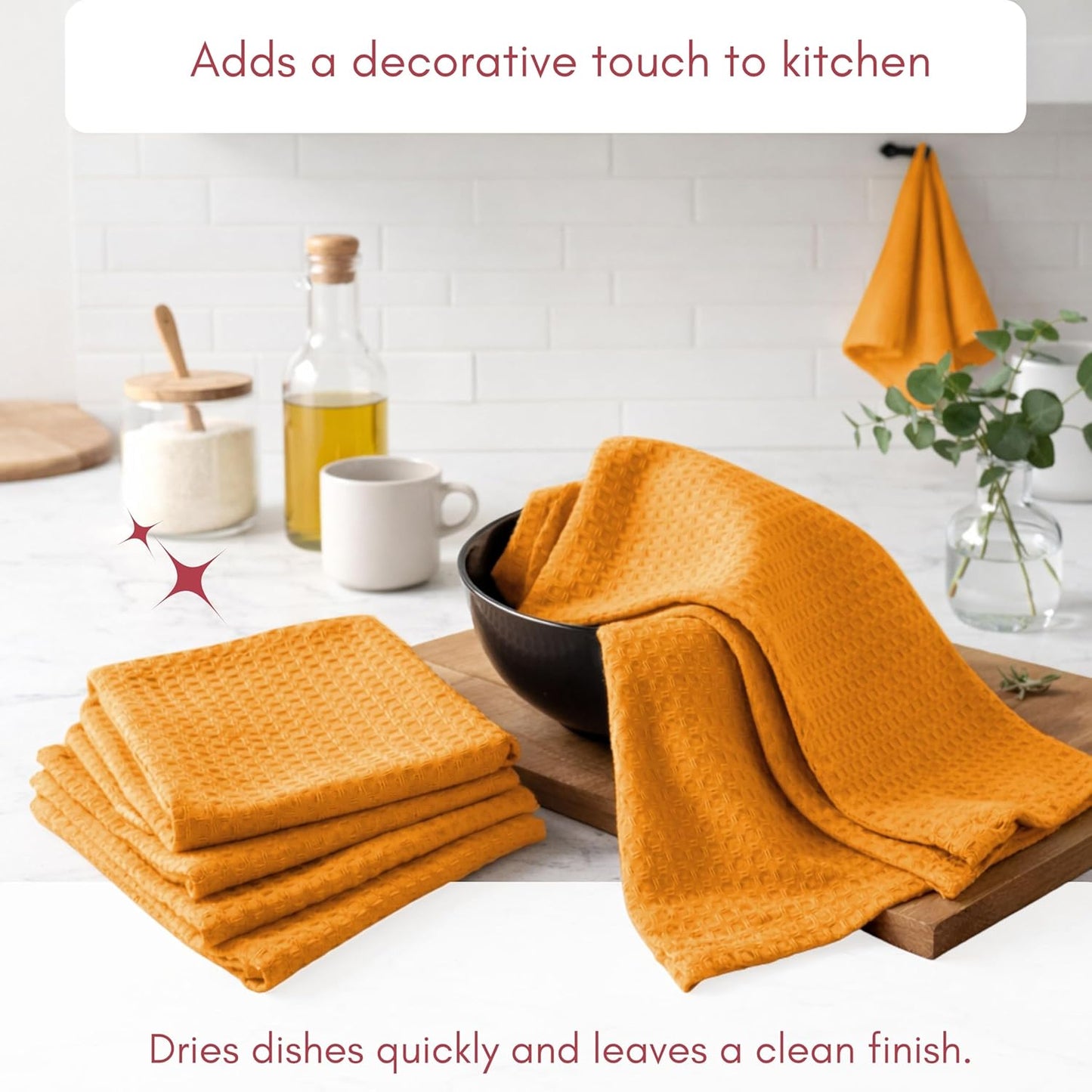 Kitchen Towels Set of 4, 100% Soft Cotton Waffle Weave Dish Towels with Hanging Loop, Reusable for Table Cleaning, Dinning, Parties - 16"x26" - Mustard Yellow