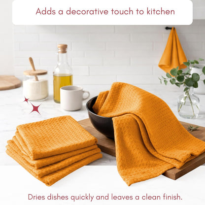 Kitchen Towels Set of 4, 100% Soft Cotton Waffle Weave Dish Towels with Hanging Loop, Reusable for Table Cleaning, Dinning, Parties - 16"x26" - Mustard Yellow