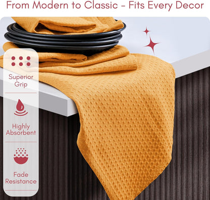Kitchen Towels Set of 4, 100% Soft Cotton Waffle Weave Dish Towels with Hanging Loop, Reusable for Table Cleaning, Dinning, Parties - 16"x26" - Mustard Yellow