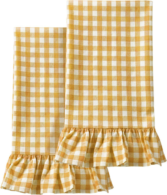 Yellow Kitchen Towels Set of 2, 100% Cotton Ruffled Gingham Dish Towels 18"x28" Tea Cloths Classic Plaid Pattern for Farmhouse Charm, Drying Dishes, Entertaining Guests