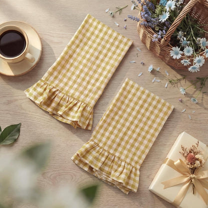 Yellow Kitchen Towels Set of 2, 100% Cotton Ruffled Gingham Dish Towels 18"x28" Tea Cloths Classic Plaid Pattern for Farmhouse Charm, Drying Dishes, Entertaining Guests