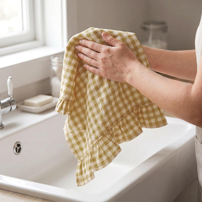 Yellow Kitchen Towels Set of 2, 100% Cotton Ruffled Gingham Dish Towels 18"x28" Tea Cloths Classic Plaid Pattern for Farmhouse Charm, Drying Dishes, Entertaining Guests