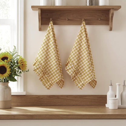 Yellow Kitchen Towels Set of 2, 100% Cotton Ruffled Gingham Dish Towels 18"x28" Tea Cloths Classic Plaid Pattern for Farmhouse Charm, Drying Dishes, Entertaining Guests