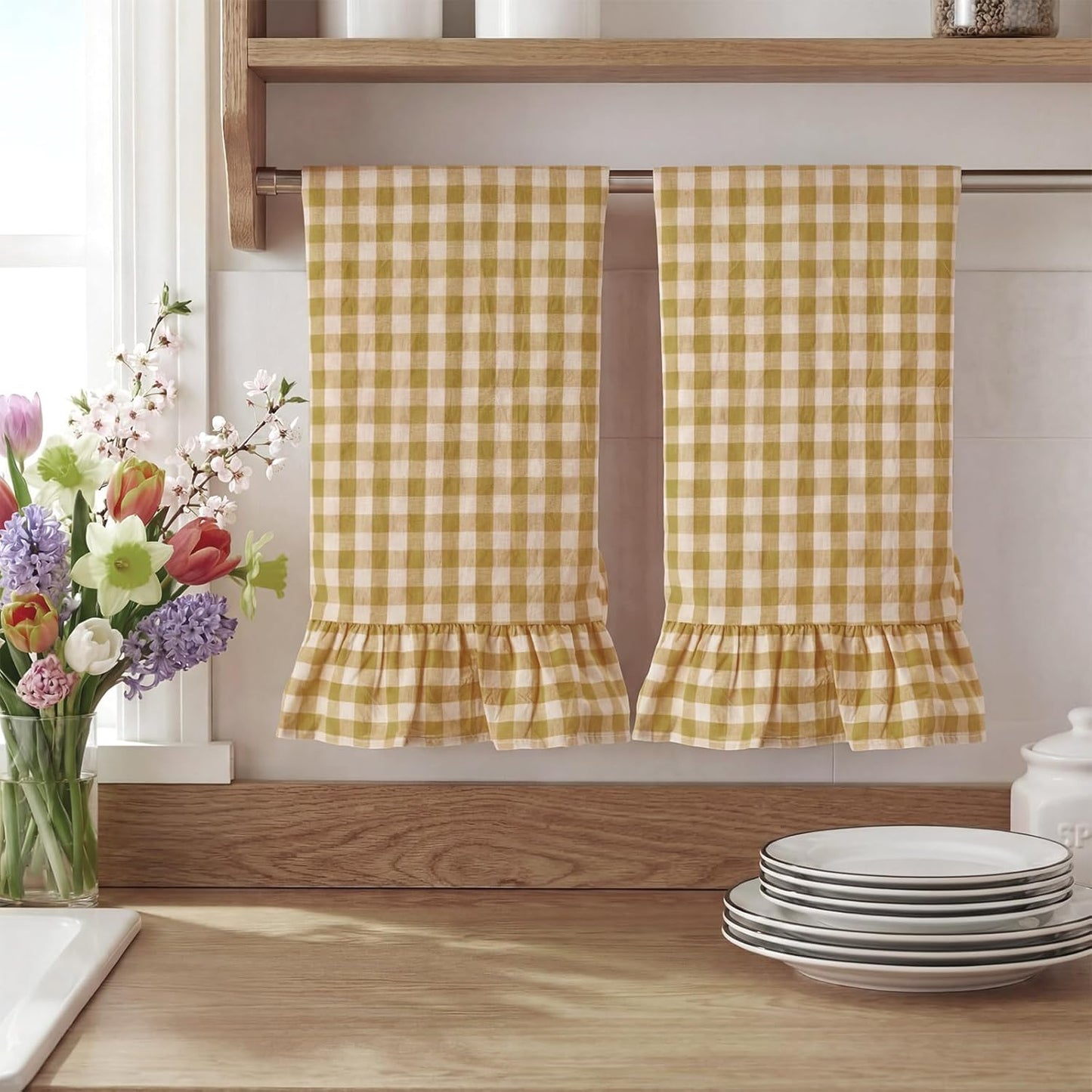 Yellow Kitchen Towels Set of 2, 100% Cotton Ruffled Gingham Dish Towels 18"x28" Tea Cloths Classic Plaid Pattern for Farmhouse Charm, Drying Dishes, Entertaining Guests