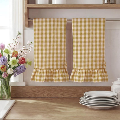 Yellow Kitchen Towels Set of 2, 100% Cotton Ruffled Gingham Dish Towels 18"x28" Tea Cloths Classic Plaid Pattern for Farmhouse Charm, Drying Dishes, Entertaining Guests