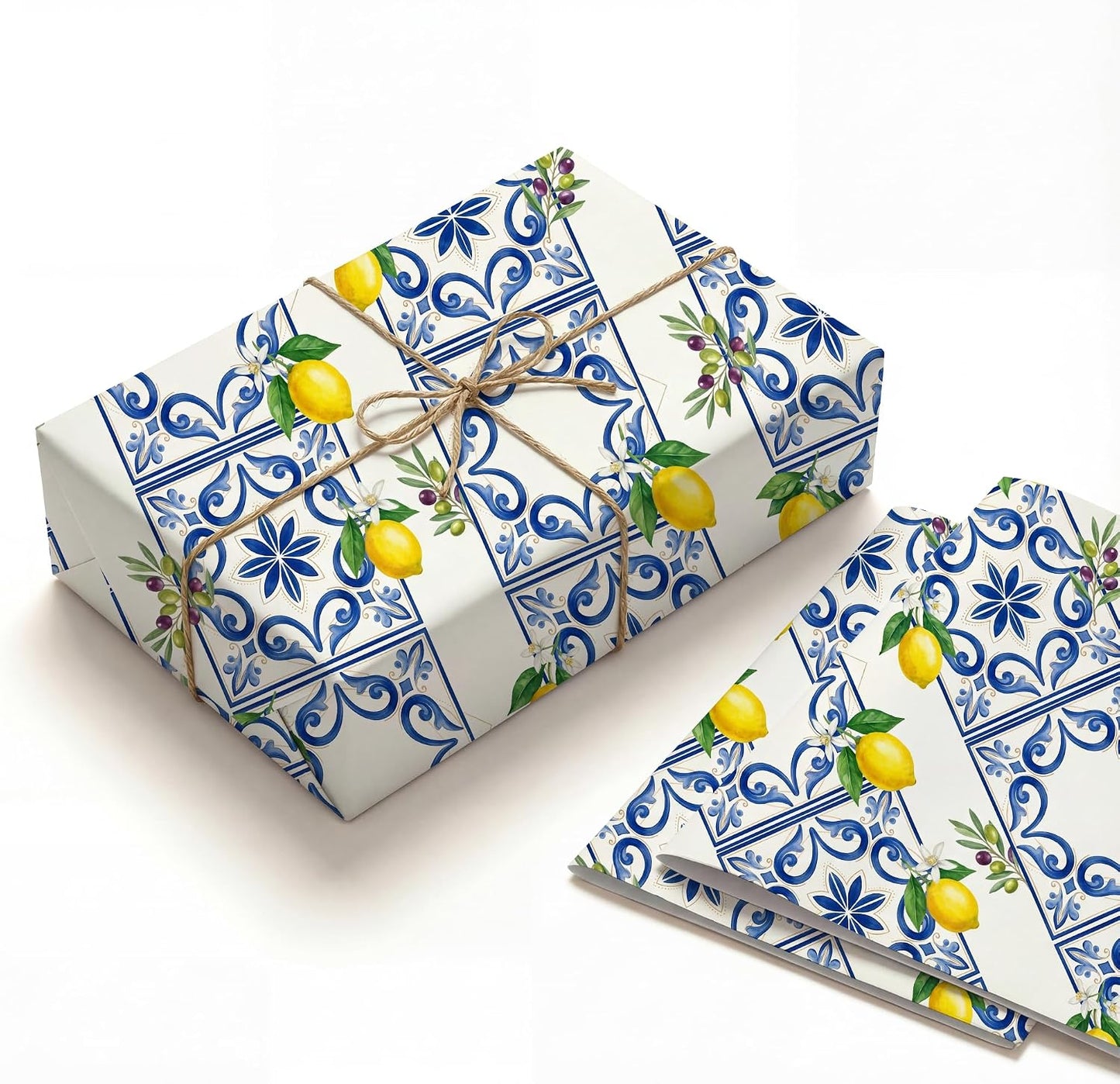 Amalfi Lemon Tile Wrapping Paper, 19.5 x 27.5 in, 2 Sheets | 120gsm folded paper with Amalfi lemon tile style for weddings, bridal showers, birthdays and coastal gifts