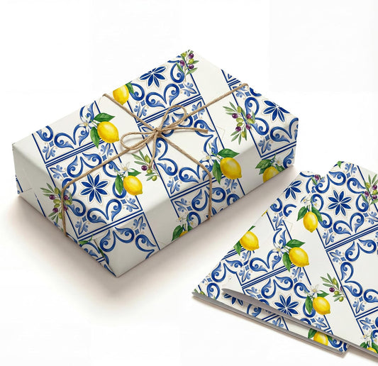 Amalfi Lemon Tile Wrapping Paper, 19.5 x 27.5 in, 2 Sheets | 120gsm folded paper with Amalfi lemon tile style for weddings, bridal showers, birthdays and coastal gifts