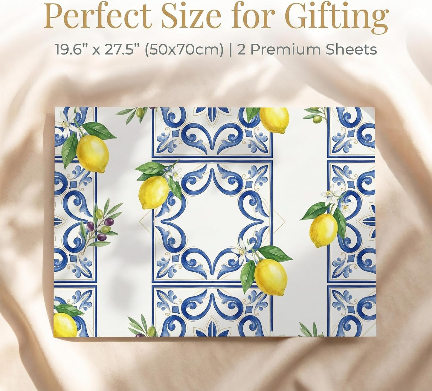 Amalfi Lemon Tile Wrapping Paper, 19.5 x 27.5 in, 2 Sheets | 120gsm folded paper with Amalfi lemon tile style for weddings, bridal showers, birthdays and coastal gifts