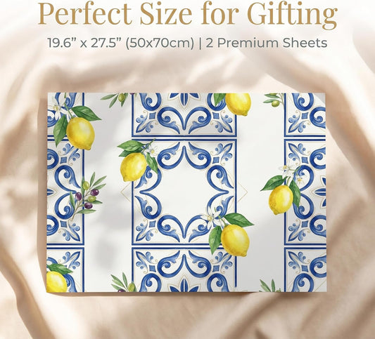 Amalfi Lemon Tile Wrapping Paper, 19.5 x 27.5 in, 2 Sheets | 120gsm folded paper with Amalfi lemon tile style for weddings, bridal showers, birthdays and coastal gifts