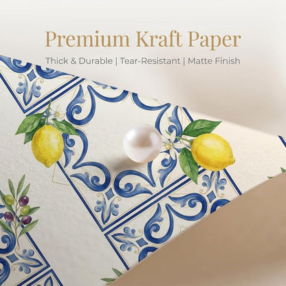 Amalfi Lemon Tile Wrapping Paper, 19.5 x 27.5 in, 2 Sheets | 120gsm folded paper with Amalfi lemon tile style for weddings, bridal showers, birthdays and coastal gifts