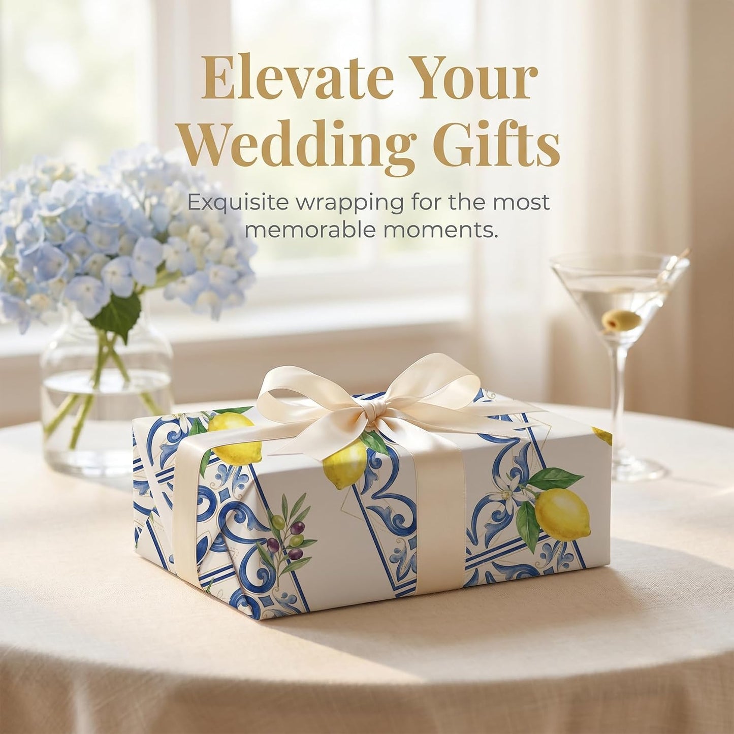 Amalfi Lemon Tile Wrapping Paper, 19.5 x 27.5 in, 2 Sheets | 120gsm folded paper with Amalfi lemon tile style for weddings, bridal showers, birthdays and coastal gifts