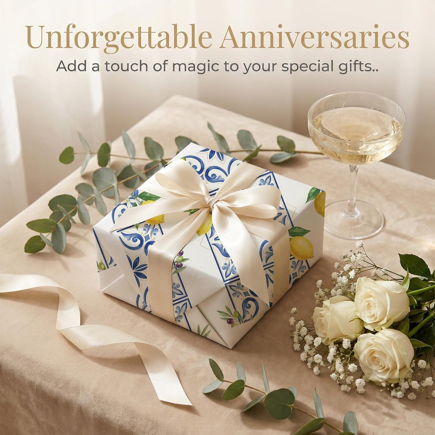 Amalfi Lemon Tile Wrapping Paper, 19.5 x 27.5 in, 2 Sheets | 120gsm folded paper with Amalfi lemon tile style for weddings, bridal showers, birthdays and coastal gifts