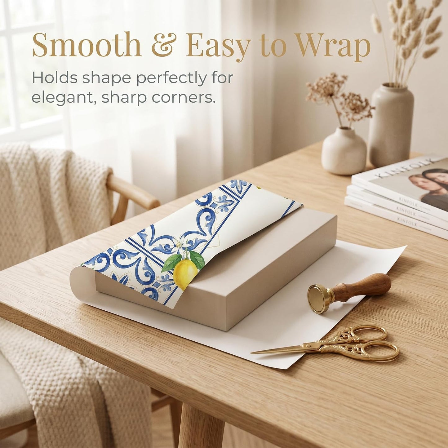 Amalfi Lemon Tile Wrapping Paper, 19.5 x 27.5 in, 2 Sheets | 120gsm folded paper with Amalfi lemon tile style for weddings, bridal showers, birthdays and coastal gifts