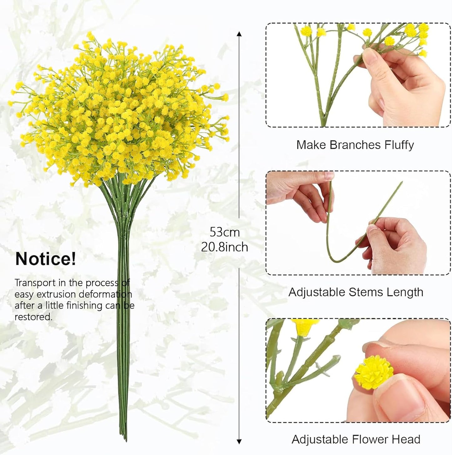 Babys Breath Artificial Flowers Bulk, 10Pcs Fake Gypsophila Bouquet Flowers Real Touch Faux Babies Breath Arrangement for Wedding Floral Party Home Centerpieces Vase Decoration, Yellow