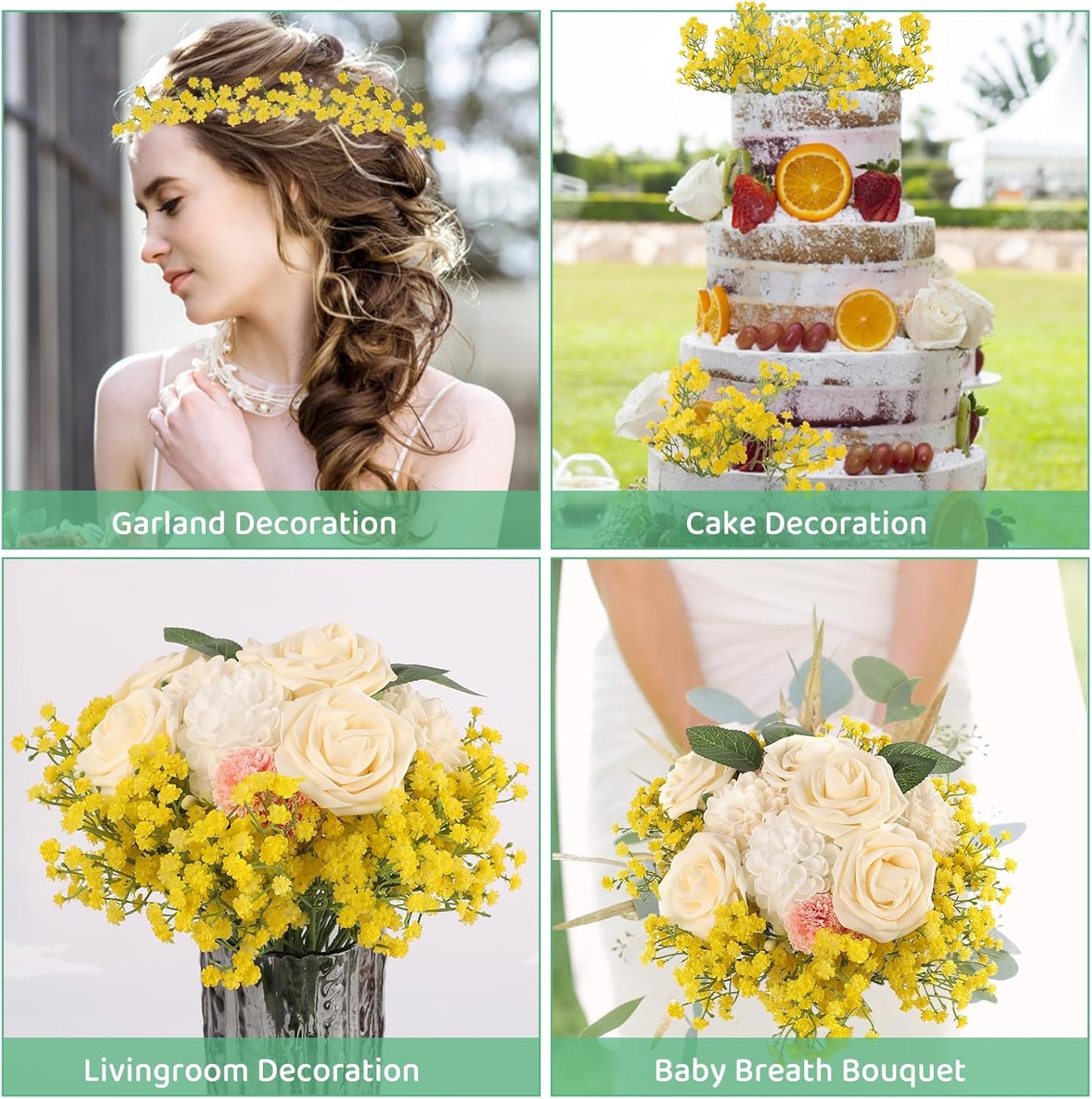 Babys Breath Artificial Flowers Bulk, 10Pcs Fake Gypsophila Bouquet Flowers Real Touch Faux Babies Breath Arrangement for Wedding Floral Party Home Centerpieces Vase Decoration, Yellow