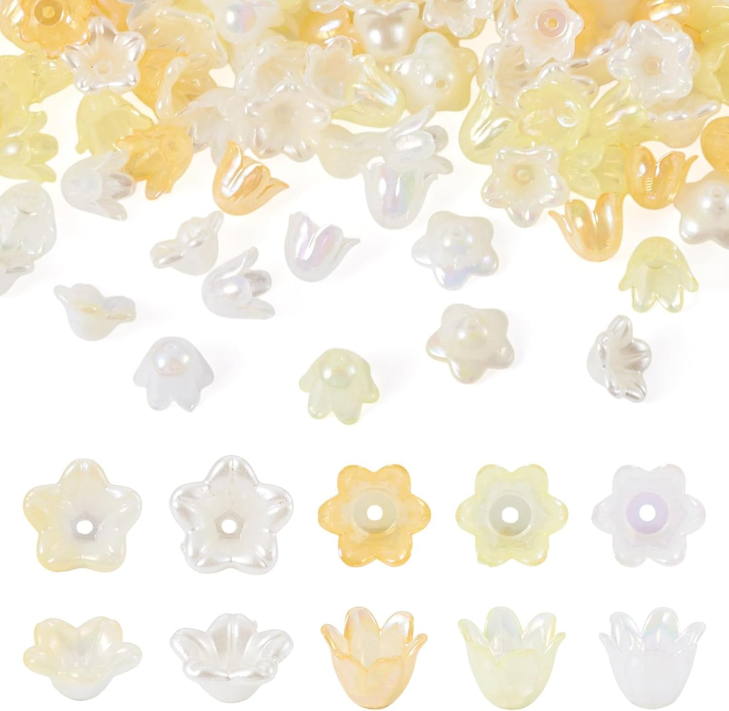 180Pcs Acrylic Flower Beads Caps for Jewelry Making Yellow Theme AB Color Plated Floral Spacer Bead Bell Trumpet Lily End Beads Caps for Bracelet Earring DIY Handmade Crafts Supplies