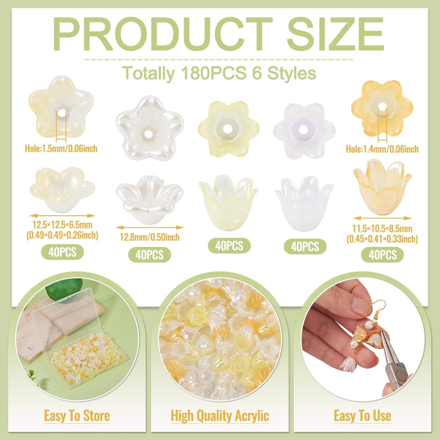 180Pcs Acrylic Flower Beads Caps for Jewelry Making Yellow Theme AB Color Plated Floral Spacer Bead Bell Trumpet Lily End Beads Caps for Bracelet Earring DIY Handmade Crafts Supplies