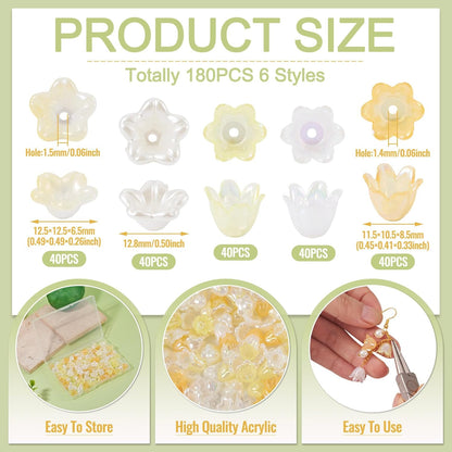 180Pcs Acrylic Flower Beads Caps for Jewelry Making Yellow Theme AB Color Plated Floral Spacer Bead Bell Trumpet Lily End Beads Caps for Bracelet Earring DIY Handmade Crafts Supplies