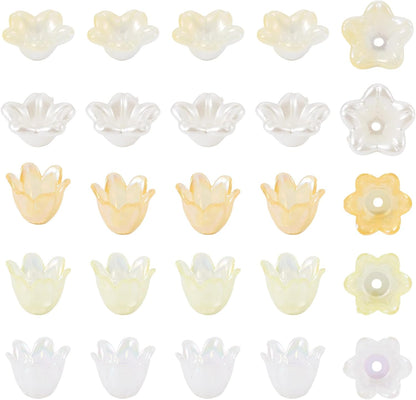 180Pcs Acrylic Flower Beads Caps for Jewelry Making Yellow Theme AB Color Plated Floral Spacer Bead Bell Trumpet Lily End Beads Caps for Bracelet Earring DIY Handmade Crafts Supplies
