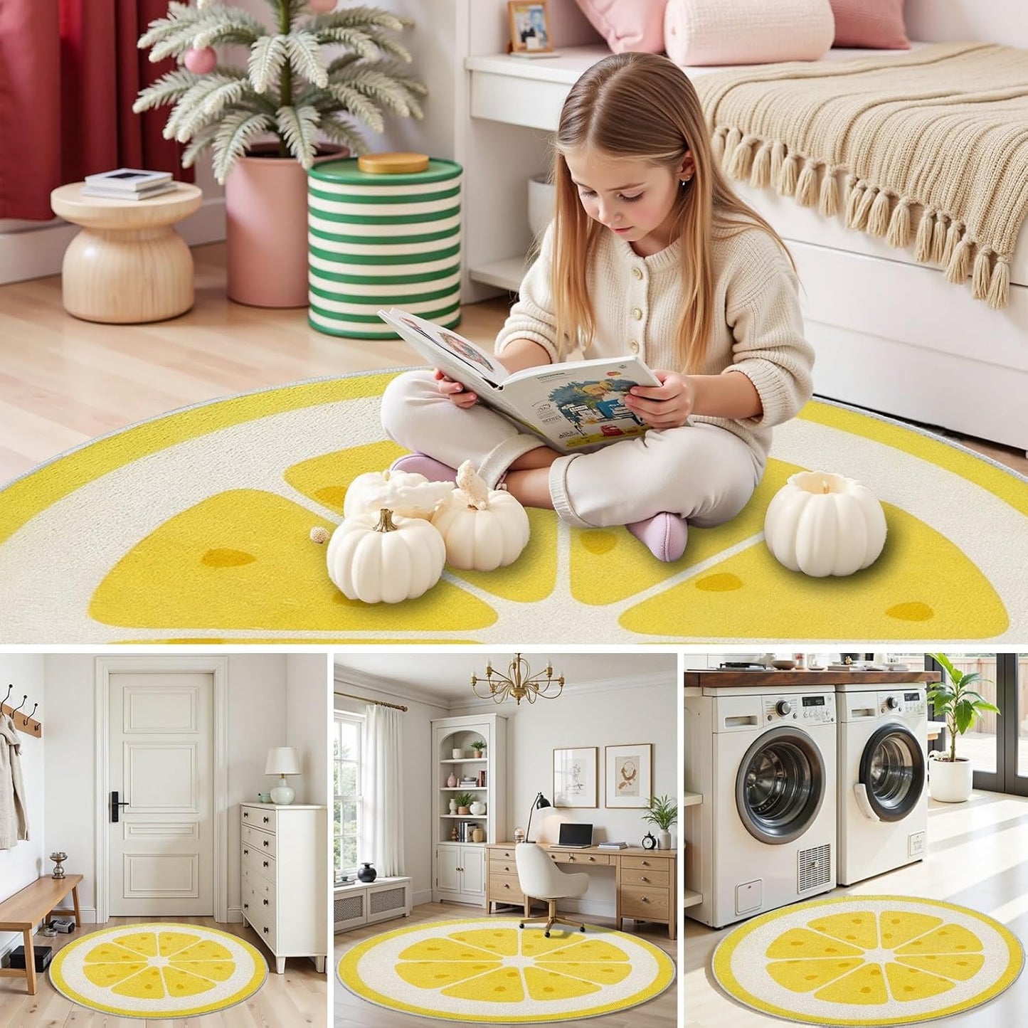 Fruit Round Rug 2ft Lemon Circle Rugs, Yellow Fruit Small Area Rug for Kids Room, Soft Non-Slip Round Carpet for Entryway Nursery Playroom Classroom