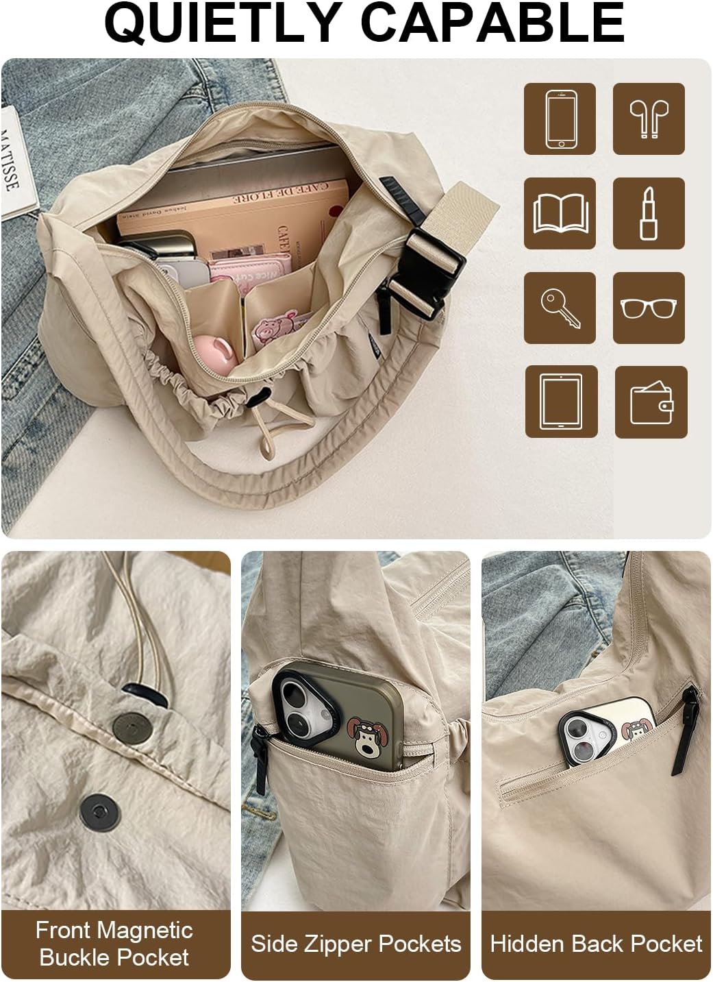Nylon Crossbody Bag for Women, Slouchy Hobo Tote Bag Shoulder Purse | Large Messenger Bag, Travel Purse Casual Handbag for Work Daily Travel