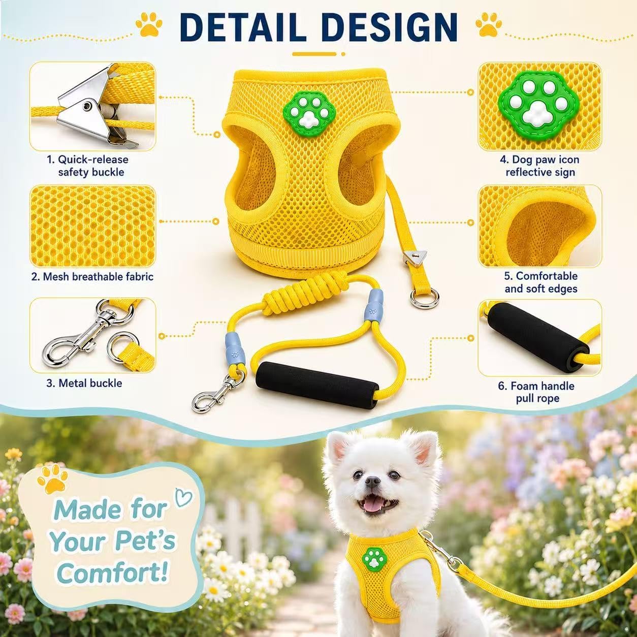 Dog Harness Small Sized and Leash Set, Step in Soft Light Puppy Vest, Breathable Mesh Pet Harness, Adjustable Pet Puppy Harness, Easy Walk Dog Harness, M: Chest 11.8-17.7"