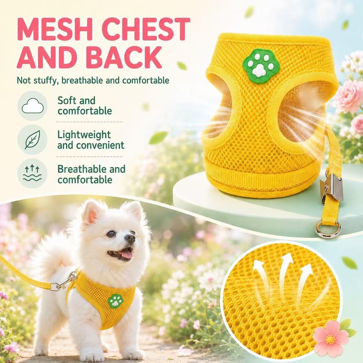 Dog Harness Small Sized and Leash Set, Step in Soft Light Puppy Vest, Breathable Mesh Pet Harness, Adjustable Pet Puppy Harness, Easy Walk Dog Harness, M: Chest 11.8-17.7"