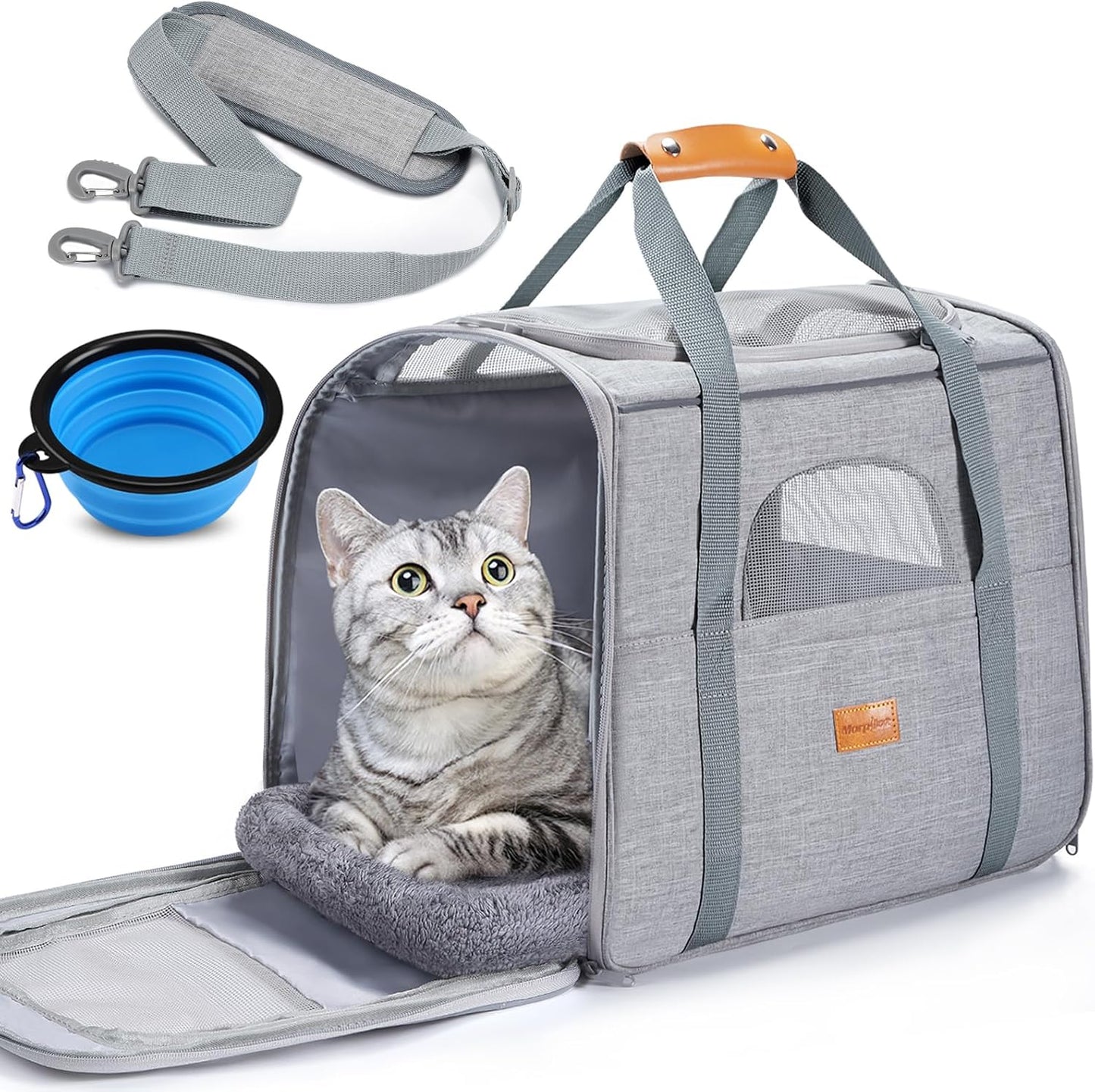 Pet Travel Carrier Bag, Soft-Sided Dog Carrier Cat Carrier Pet Carrier, for Large Cats and Medium Puppies up to 25lbs, w/Locking Safety Zippers, Foldable Bowl (Light Gray)