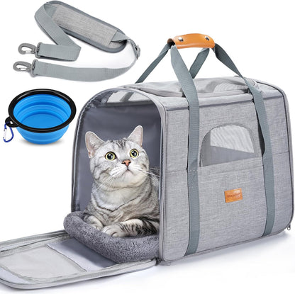 Pet Travel Carrier Bag, Soft-Sided Dog Carrier Cat Carrier Pet Carrier, for Large Cats and Medium Puppies up to 25lbs, w/Locking Safety Zippers, Foldable Bowl (Light Gray)