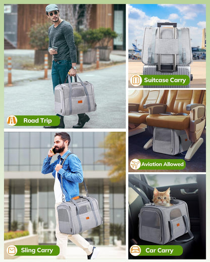 Pet Travel Carrier Bag, Soft-Sided Dog Carrier Cat Carrier Pet Carrier, for Large Cats and Medium Puppies up to 25lbs, w/Locking Safety Zippers, Foldable Bowl (Light Gray)
