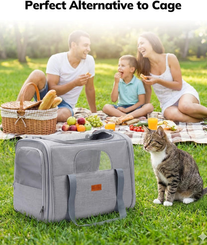 Pet Travel Carrier Bag, Soft-Sided Dog Carrier Cat Carrier Pet Carrier, for Large Cats and Medium Puppies up to 25lbs, w/Locking Safety Zippers, Foldable Bowl (Light Gray)