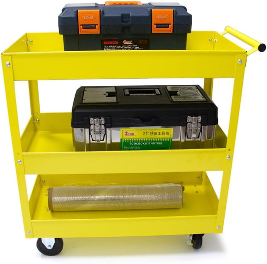 30" Heavy Duty Rolling Tool Cart with Wheels, 3-Tier Metal Utility Service Cart, 400 lbs Capacity Mobile Shop Cart with Handle for Garage, Workshop, Warehouse & Office, Yellow
