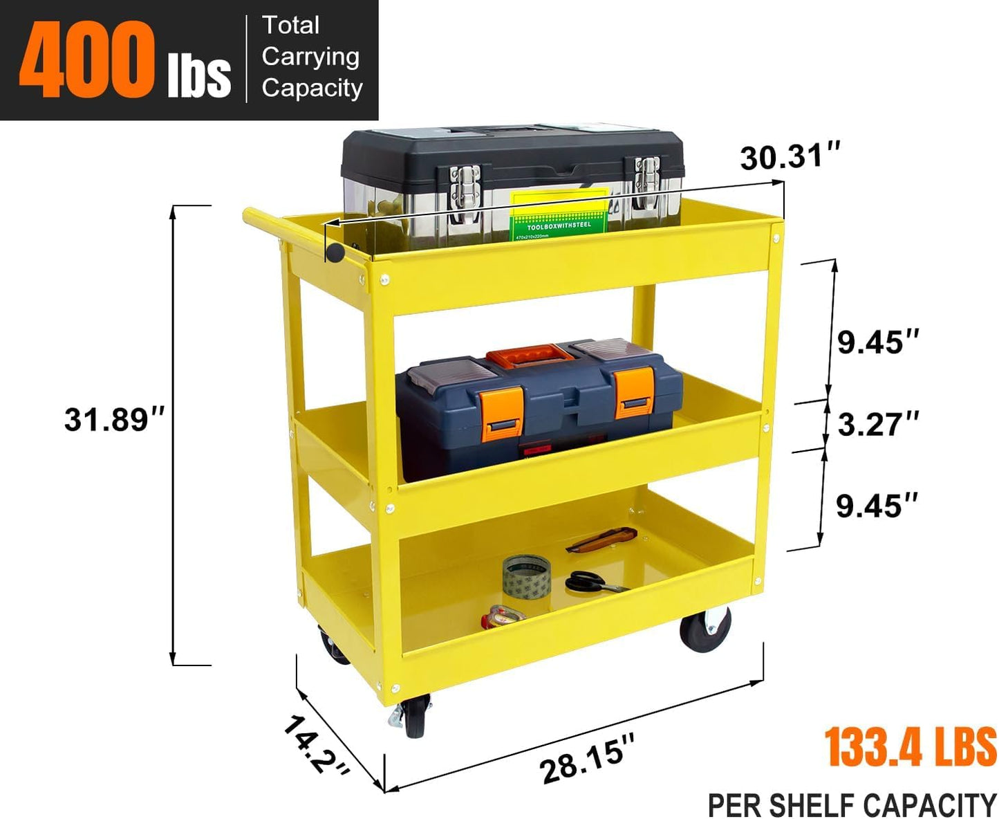 30" Heavy Duty Rolling Tool Cart with Wheels, 3-Tier Metal Utility Service Cart, 400 lbs Capacity Mobile Shop Cart with Handle for Garage, Workshop, Warehouse & Office, Yellow