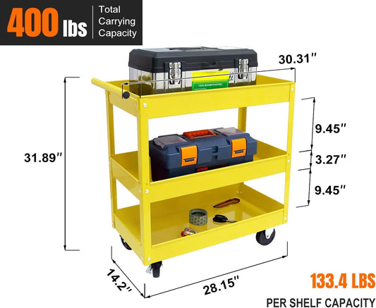 30" Heavy Duty Rolling Tool Cart with Wheels, 3-Tier Metal Utility Service Cart, 400 lbs Capacity Mobile Shop Cart with Handle for Garage, Workshop, Warehouse & Office, Yellow